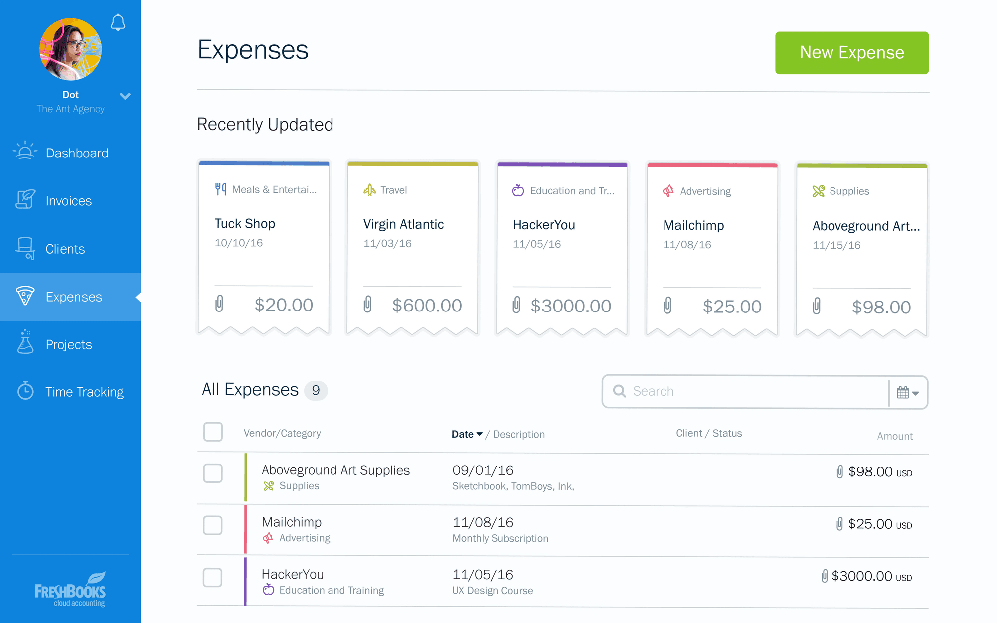 Écran des dépenses de FreshBooks avec cartes de dépenses récentes et liste des dépenses.
