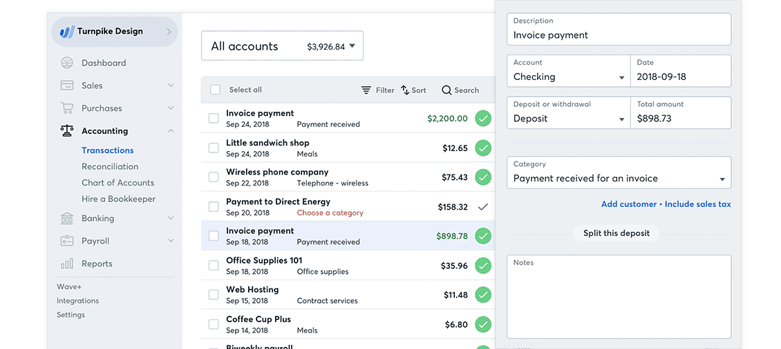 Module comptabilité de Wave : liste de transactions rapprochées et détail d’un paiement de facture.